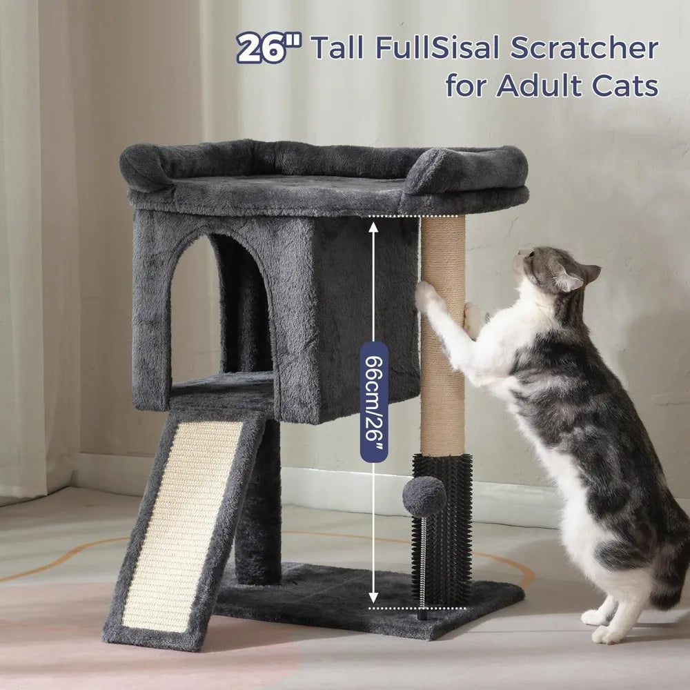 Compact Multi Level Cat Tower with Large Top Bed Condo Sisal Scratching Post Ramp Self Groomer Toy