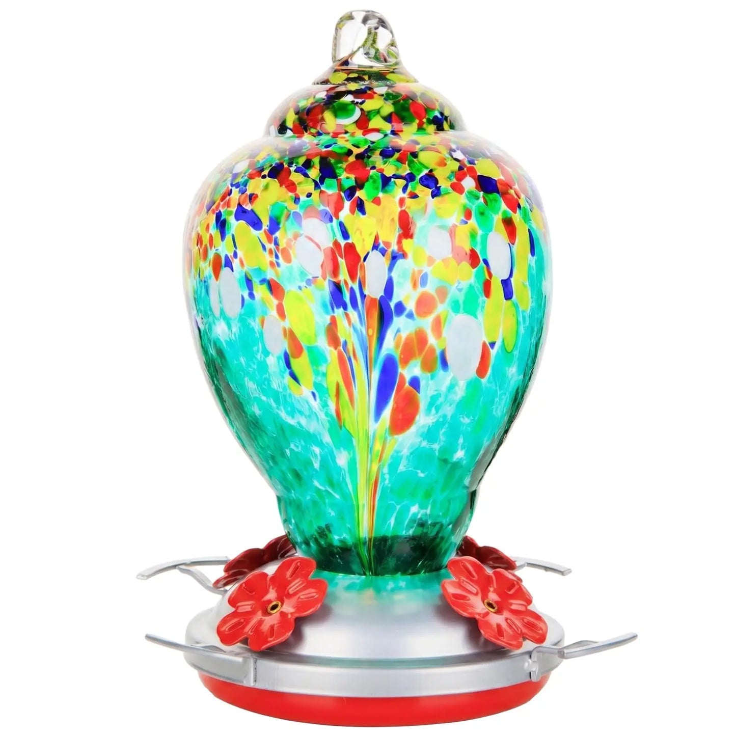 32oz Hand Blown Glass Hummingbird Feeder for Outdoor Yard, Red Firework Ant Proof Nectar Feeder with Ant Moat, Cleaning Brush & Hanging Accessories for Garden Backyard Bird Watching