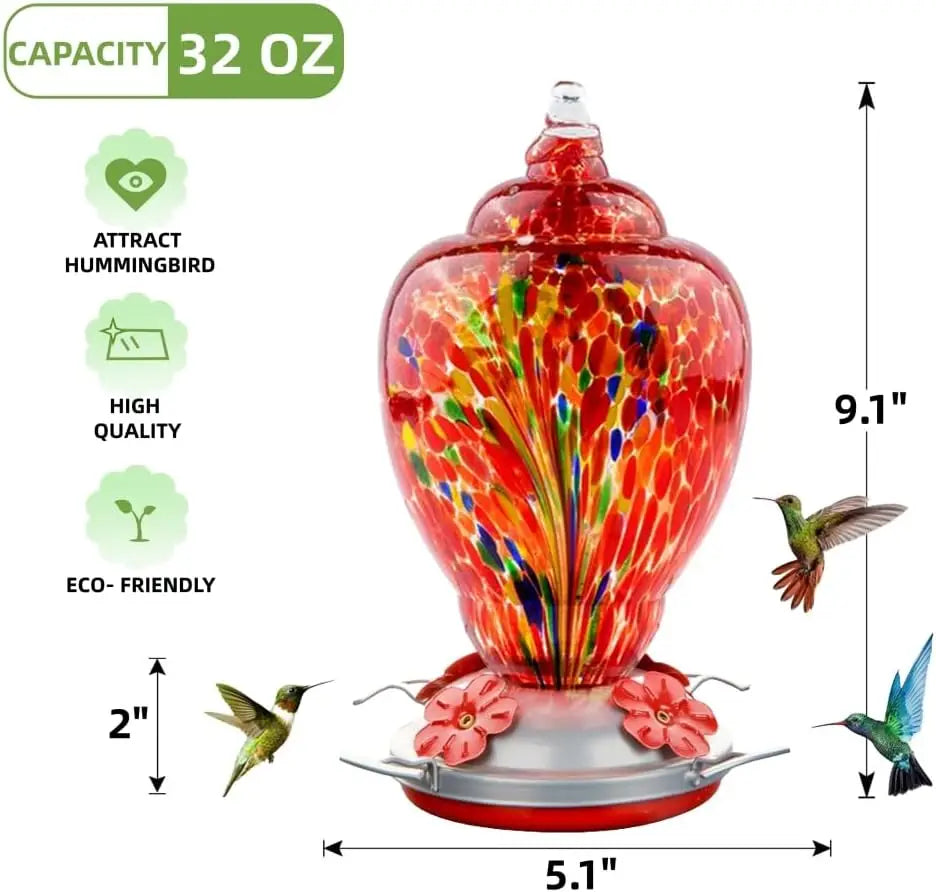32oz Hand Blown Glass Hummingbird Feeder for Outdoor Yard, Red Firework Ant Proof Nectar Feeder with Ant Moat, Cleaning Brush & Hanging Accessories for Garden Backyard Bird Watching