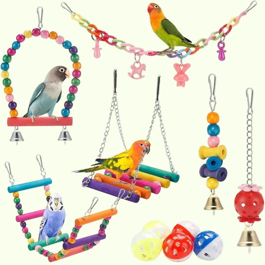 11 PCS Bird Toys for Parakeets, Wood Parrots Budgie Cage Accessories,Bird Perch Swings for Small Conure Cockatiel Toys