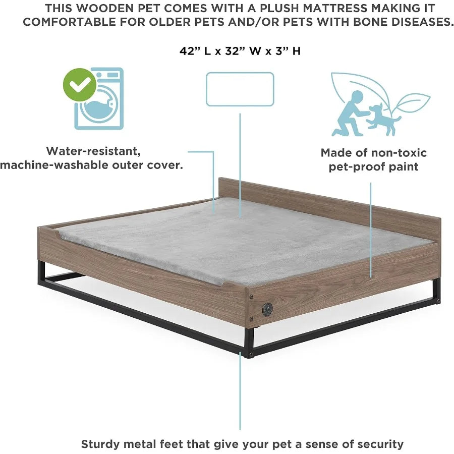 Milo Wooden Dog Bed Couch with Water-Resistant Mattress Large to Extra Large Elevated Pet Bed with Calming Mattress Greenguard
