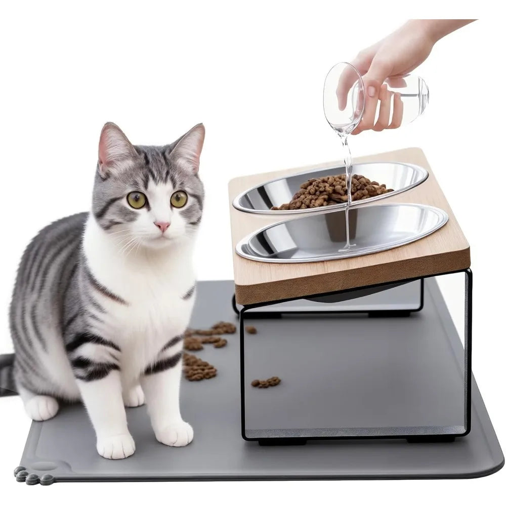 Upgraded Elevated Cat Bowls with Food Mat,15°Tilted Stand Anti Vomiting Raised Cat Dishes for Food and Water,2 Stainless Steel B
