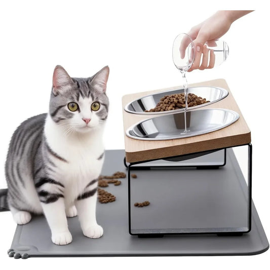 Upgraded Elevated Cat Bowls with Food Mat,15°Tilted Stand Anti Vomiting Raised Cat Dishes for Food and Water,2 Stainless Steel B