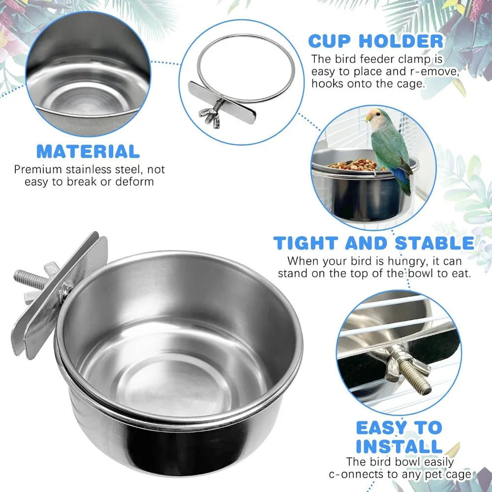 Bird Cage Feeder Cups 2PCS Parrot Food Water Bowl Holder Clamp for Budgie Cockatiel Conure Lovebird African Grey Chinchilla Pet Bird Supplies