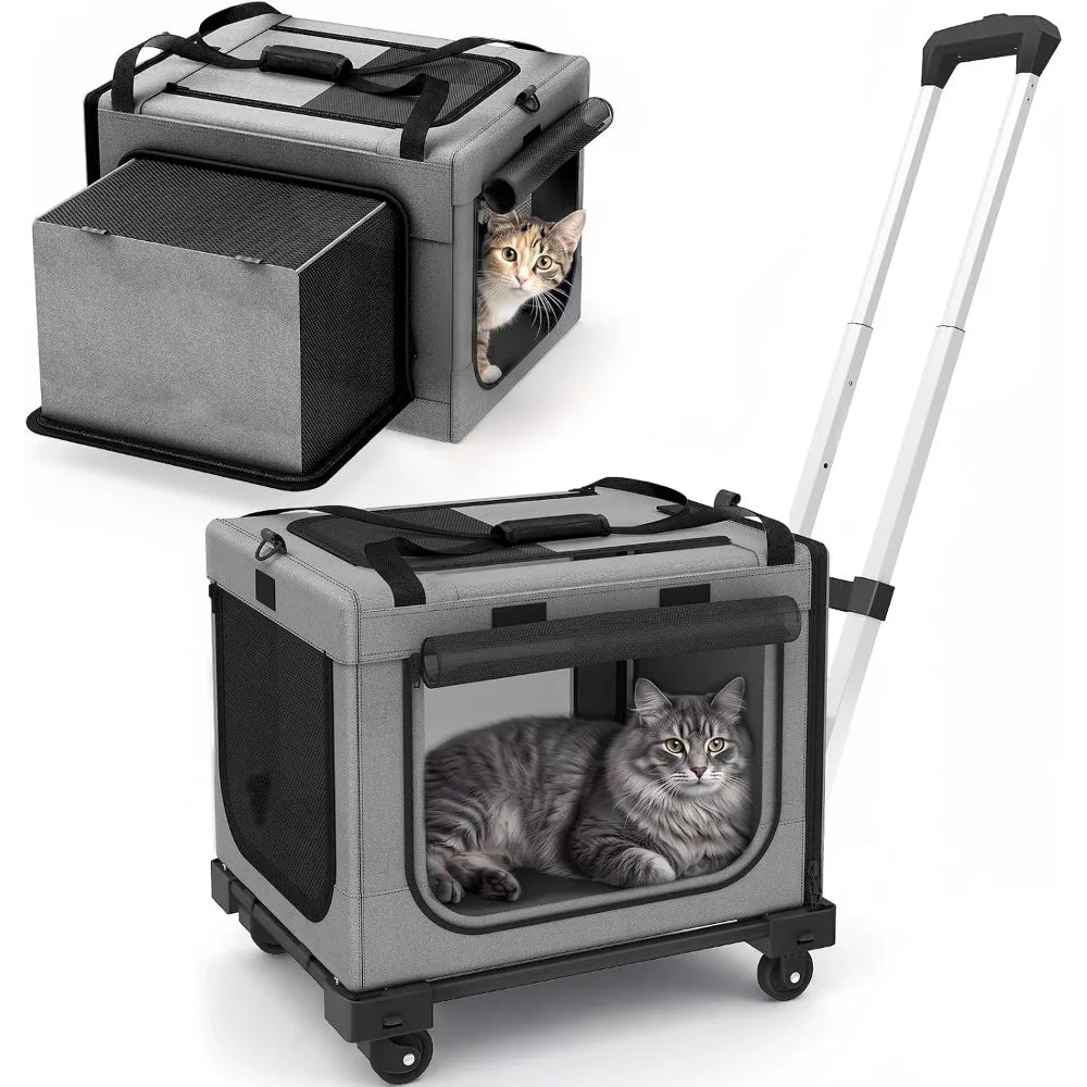 17in Expandable Wheeled Pet Carrier with Breathable Mesh for Cats and Small Dogs