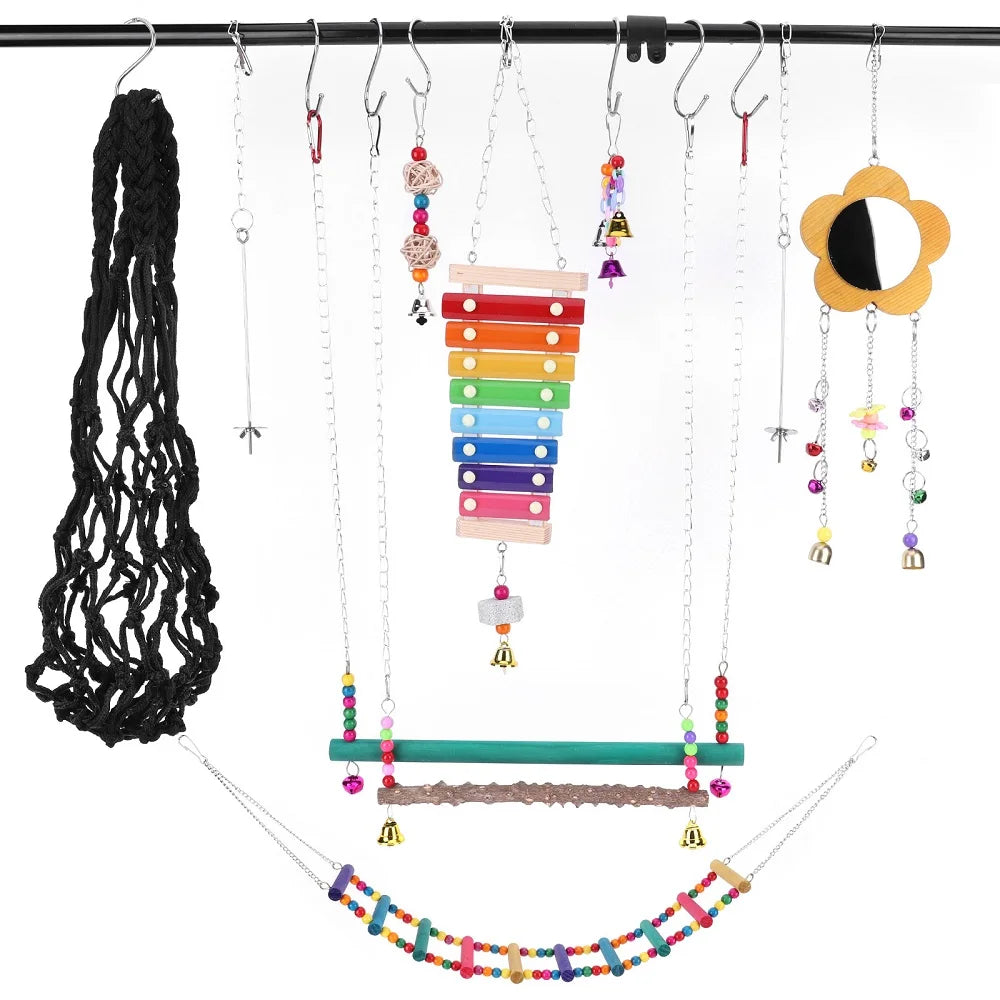 10PCS Bird Toys Set Small Parrot Hanging Hammock Bird Perch Stand Parrot Toy for Budgerigar Parakeet Conure Cockatiel Mynah