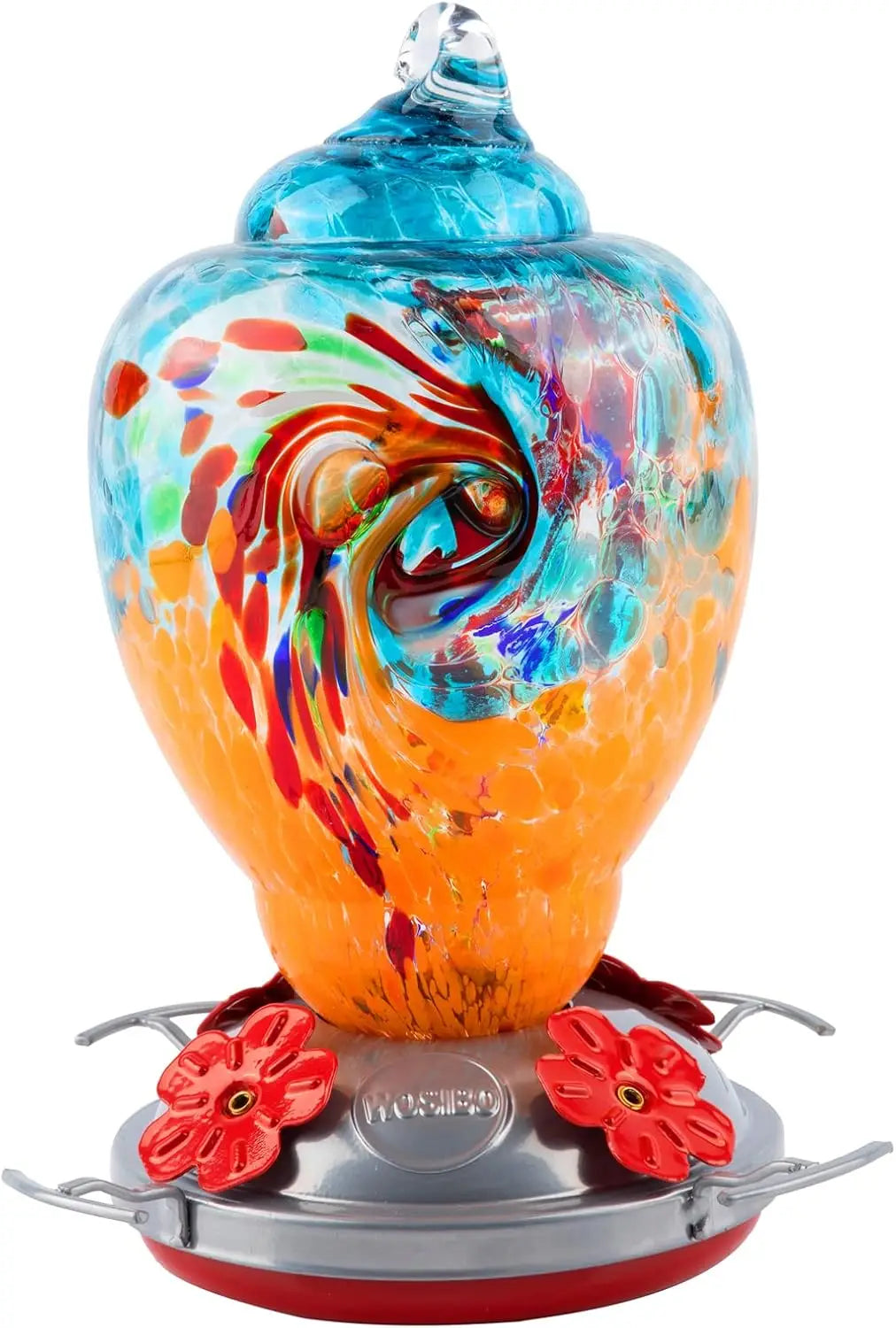 32oz Hand Blown Glass Hummingbird Feeder for Outdoor Yard, Red Firework Ant Proof Nectar Feeder with Ant Moat, Cleaning Brush & Hanging Accessories for Garden Backyard Bird Watching