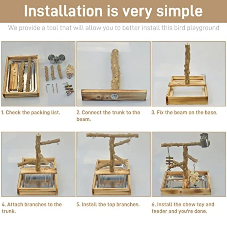 Natural Wood Bird Toys Playground, Bird Cage Accessories, Bird Perches, with Removable Tray and 2 Stainless Steel Cups