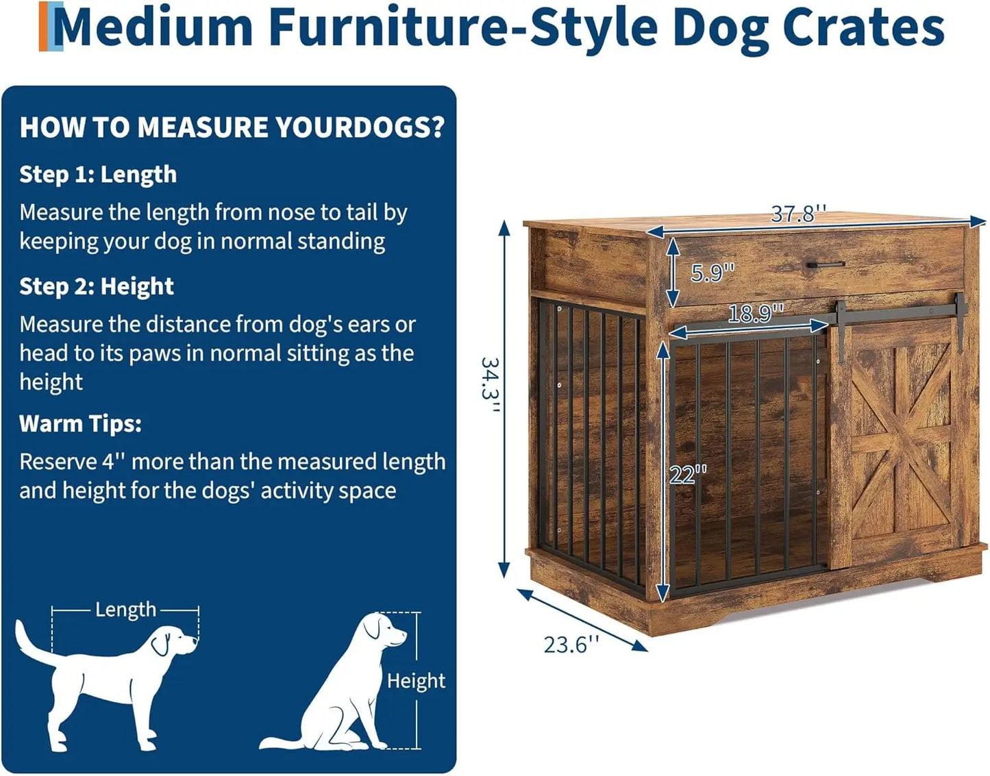 Heavy Duty Iron-Wood Dog Crate Furniture, 2-in-1 Kennel End Table with Sliding Barn Door, Storage Drawer, Decorative Pet House Side, Dog Kennel TV Stand for Small/Medium Dogs