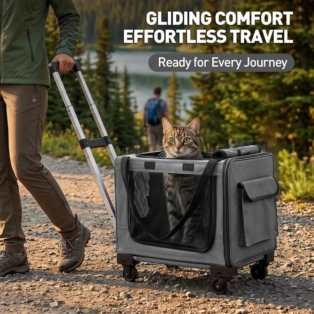 17in Expandable Wheeled Pet Carrier with Breathable Mesh for Cats and Small Dogs