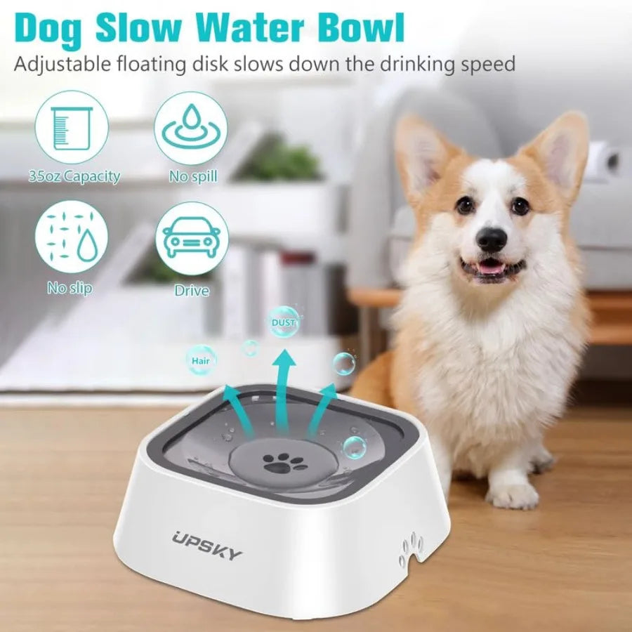 Spill Pet Water Bowl Slow Water Feeder 35oz Feeder Bowl for Dogs and Cats Stainless Steel Gray Leak-Proof Design