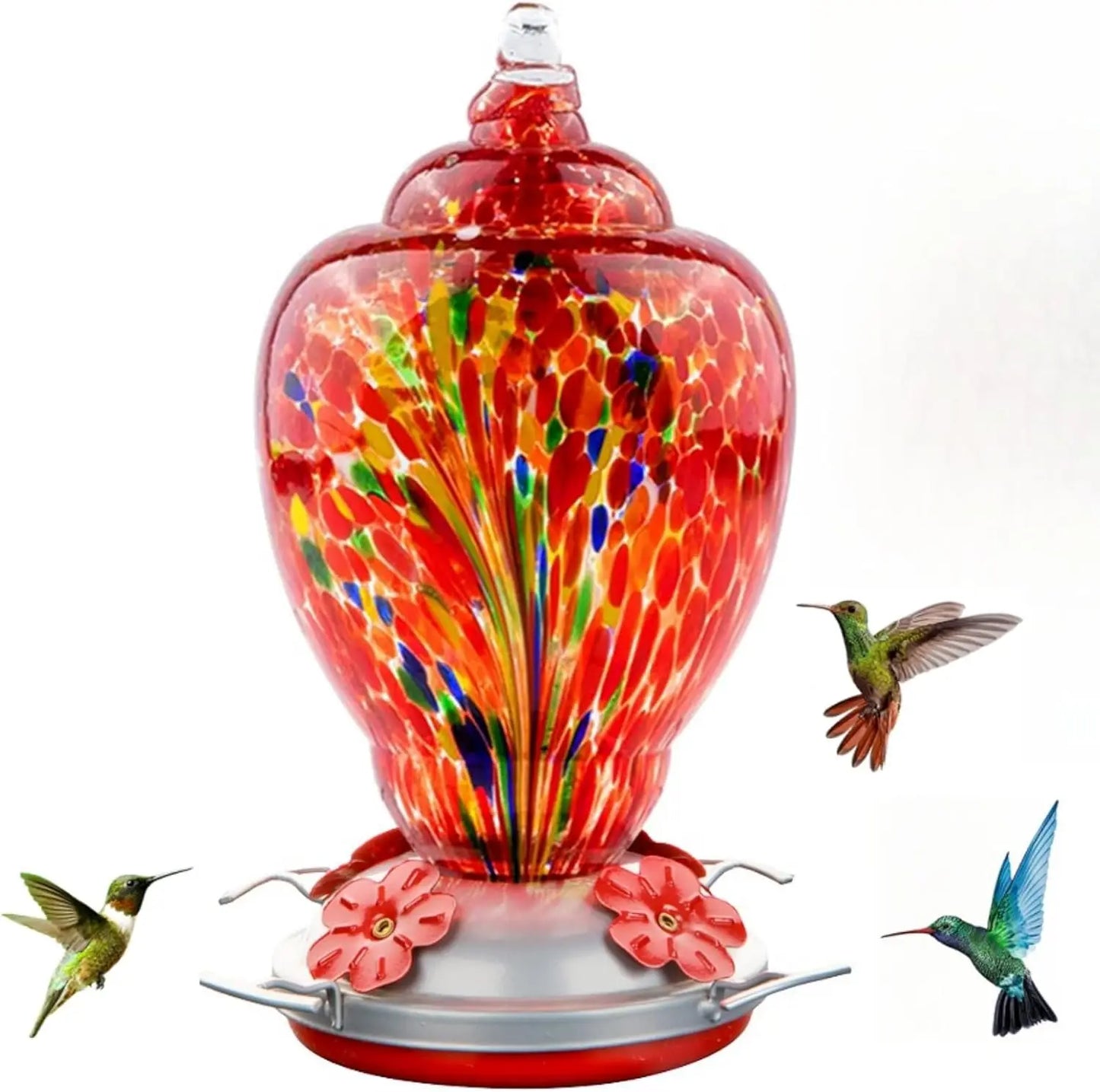 32oz Hand Blown Glass Hummingbird Feeder for Outdoor Yard, Red Firework Ant Proof Nectar Feeder with Ant Moat, Cleaning Brush & Hanging Accessories for Garden Backyard Bird Watching