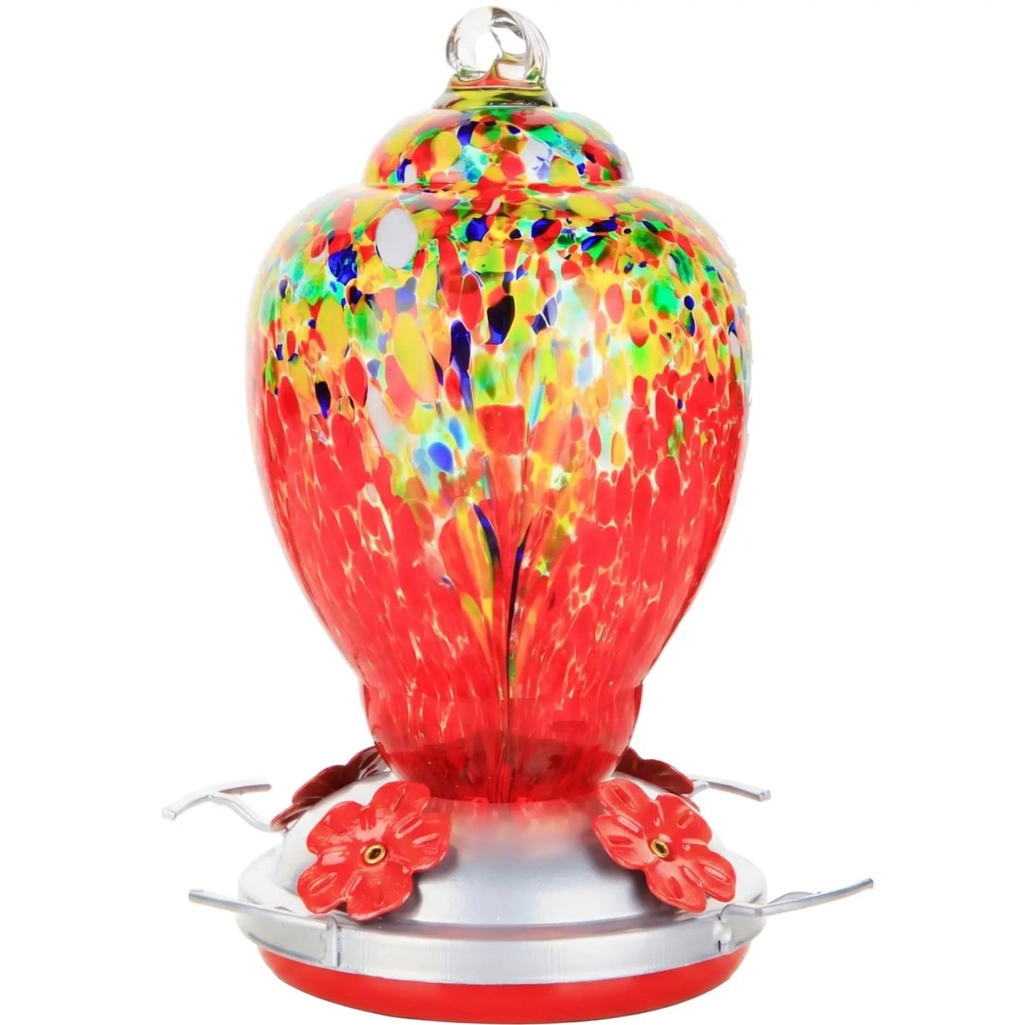 32oz Hand Blown Glass Hummingbird Feeder for Outdoor Yard, Red Firework Ant Proof Nectar Feeder with Ant Moat, Cleaning Brush & Hanging Accessories for Garden Backyard Bird Watching