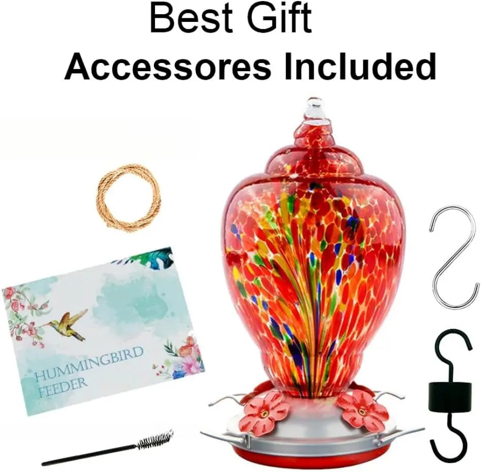 32oz Hand Blown Glass Hummingbird Feeder for Outdoor Yard, Red Firework Ant Proof Nectar Feeder with Ant Moat, Cleaning Brush & Hanging Accessories for Garden Backyard Bird Watching
