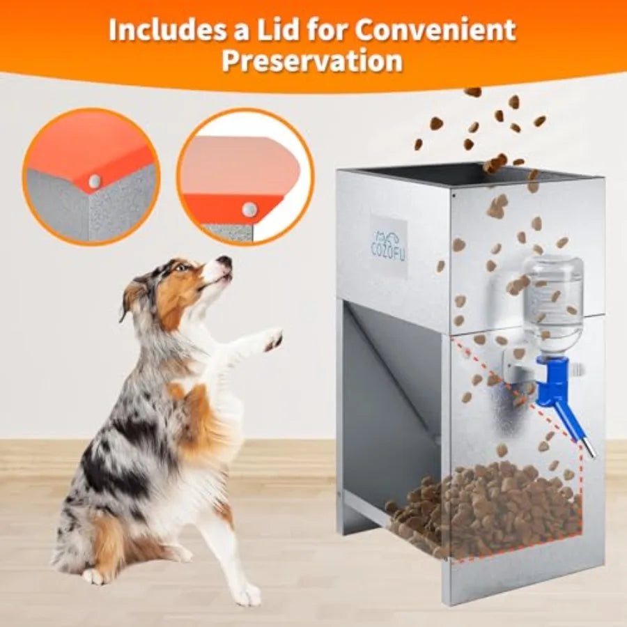 Automatic Gravity-Fed Dog Feeder with Water Bowl - Galvanized Steel Indoor/Outdoor Pet Food Station - 25lb Heavy-Duty Kibble Di