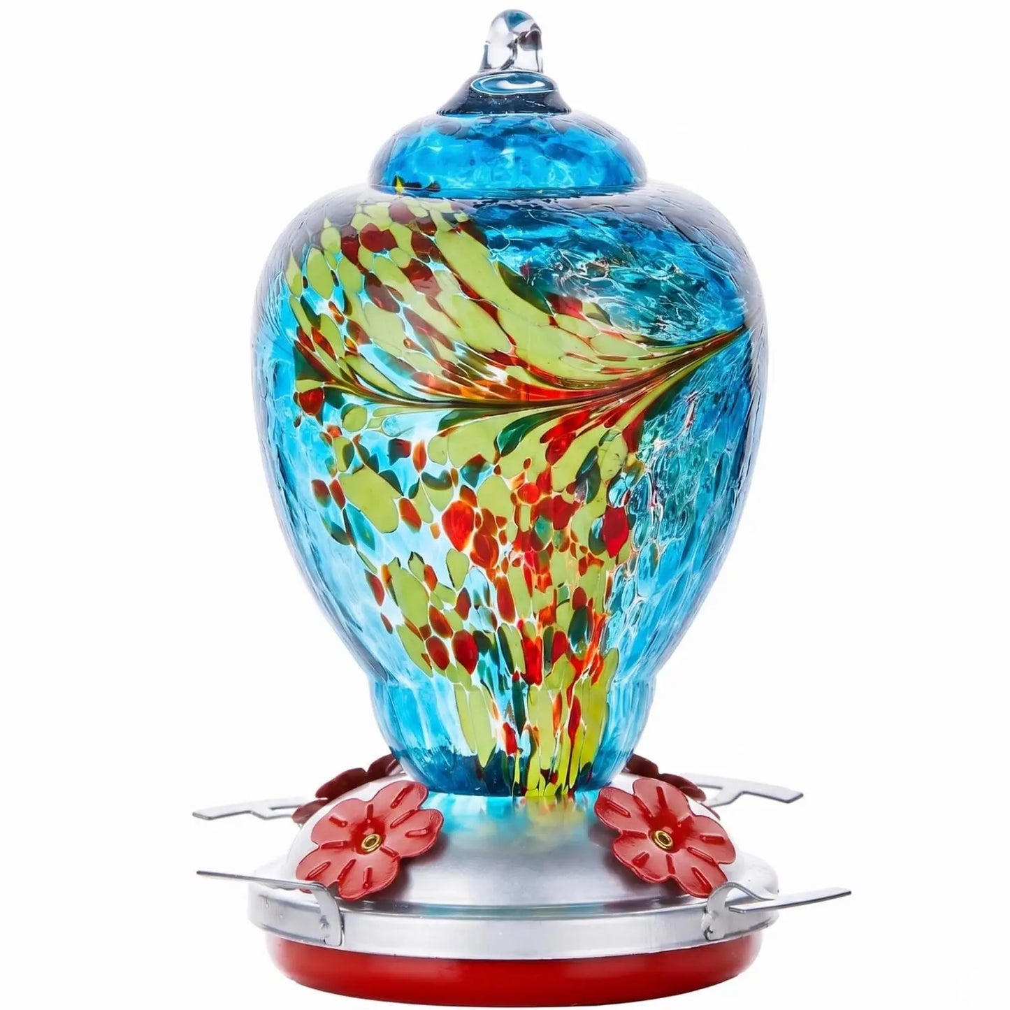 32oz Hand Blown Glass Hummingbird Feeder for Outdoor Yard, Red Firework Ant Proof Nectar Feeder with Ant Moat, Cleaning Brush & Hanging Accessories for Garden Backyard Bird Watching