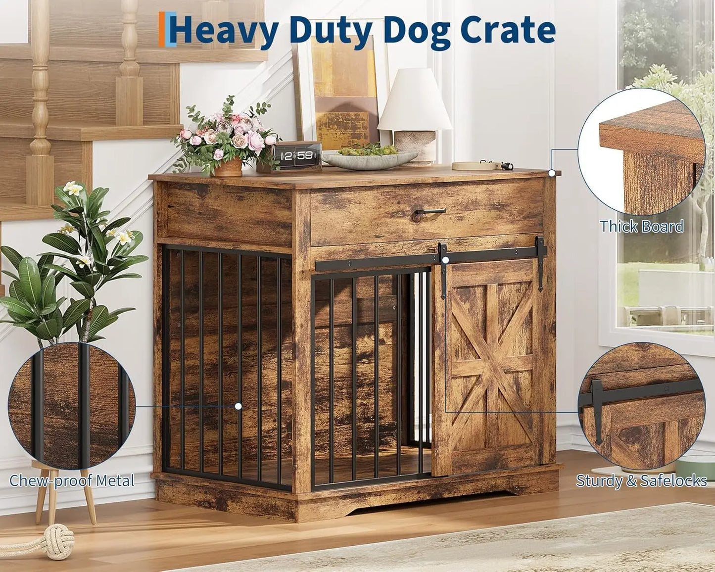Heavy Duty Iron-Wood Dog Crate Furniture, 2-in-1 Kennel End Table with Sliding Barn Door, Storage Drawer, Decorative Pet House Side, Dog Kennel TV Stand for Small/Medium Dogs