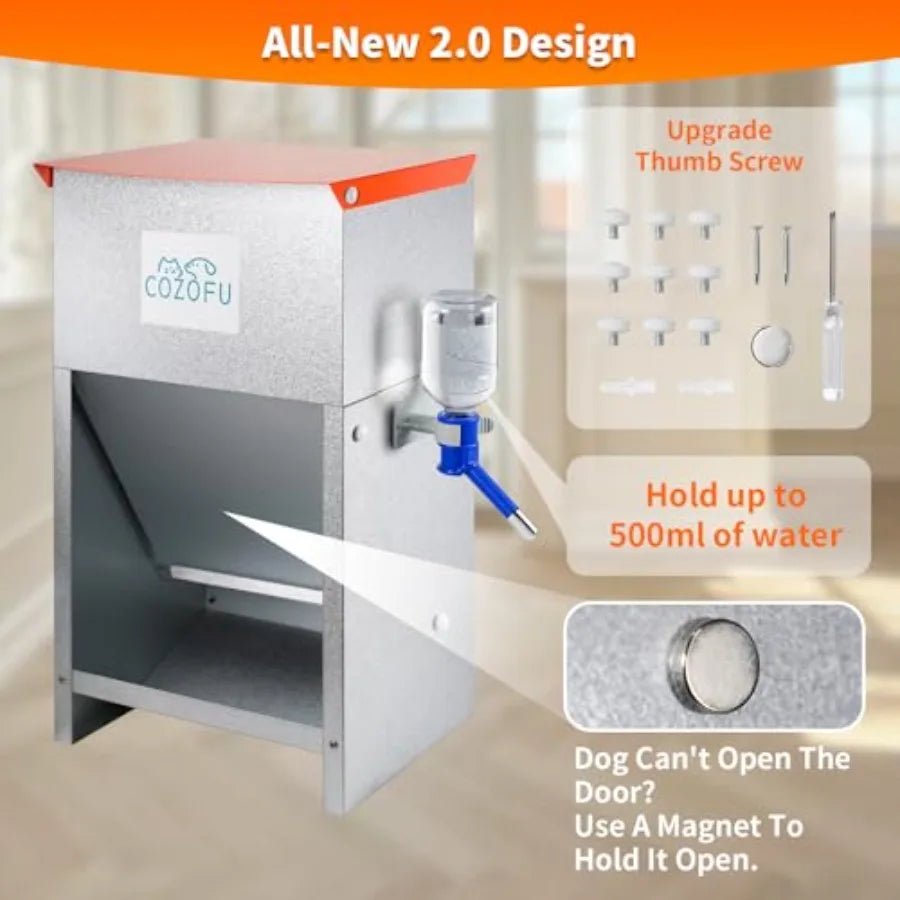 Automatic Gravity-Fed Dog Feeder with Water Bowl - Galvanized Steel Indoor/Outdoor Pet Food Station - 25lb Heavy-Duty Kibble Di