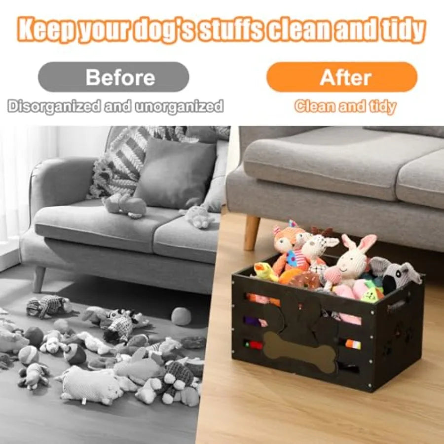 Large Dog Toy Basket Wood Dog Toy Bin Storage Baskets Box with Handles and Label Position Design Large Organizer with Paw Patte