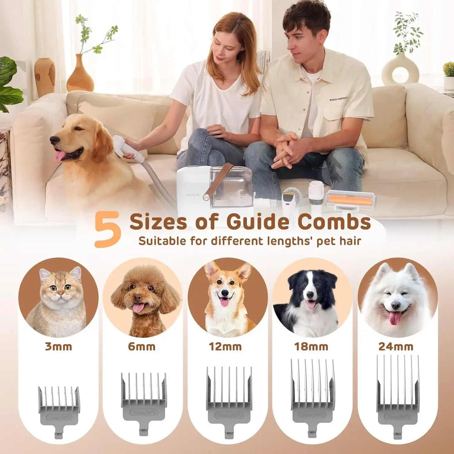 3L Low Noise Pet Grooming Vacuum Kit with 7 Tools for Home Shedding, White