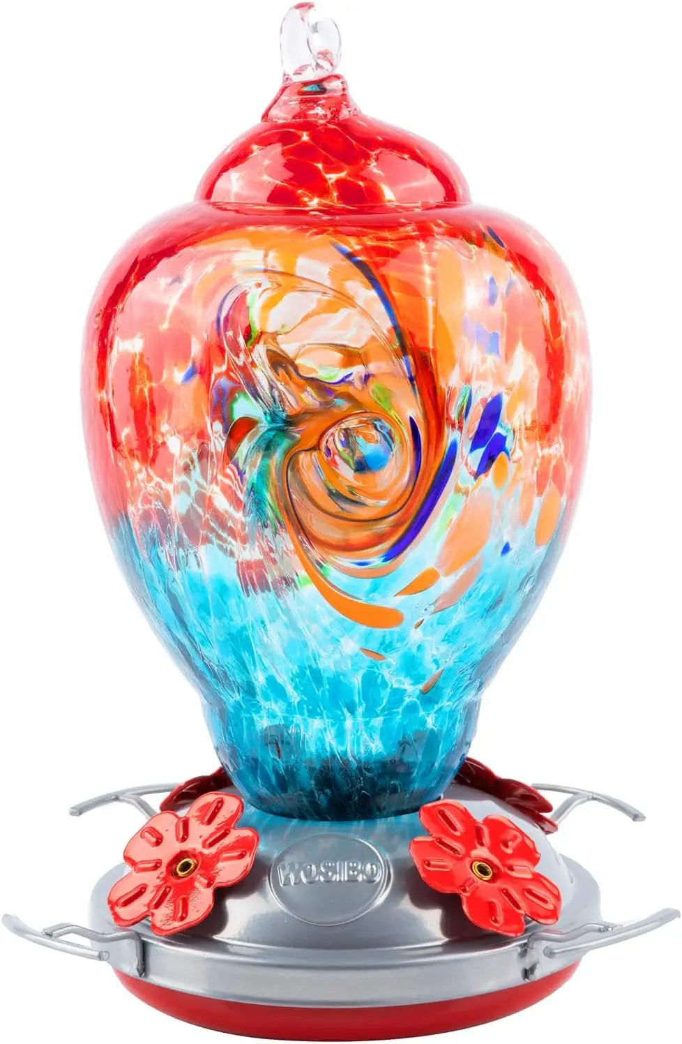 32oz Hand Blown Glass Hummingbird Feeder for Outdoor Yard, Red Firework Ant Proof Nectar Feeder with Ant Moat, Cleaning Brush & Hanging Accessories for Garden Backyard Bird Watching