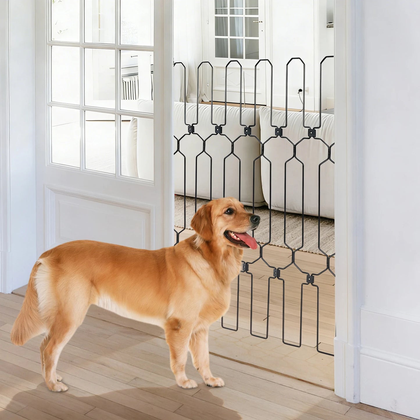 Metal Retractable Pet Fence, 30.7in Height Pet Gate, Pet Playpen With Oversized Ear-shaped Handles And Wide-hole Anchors For Door