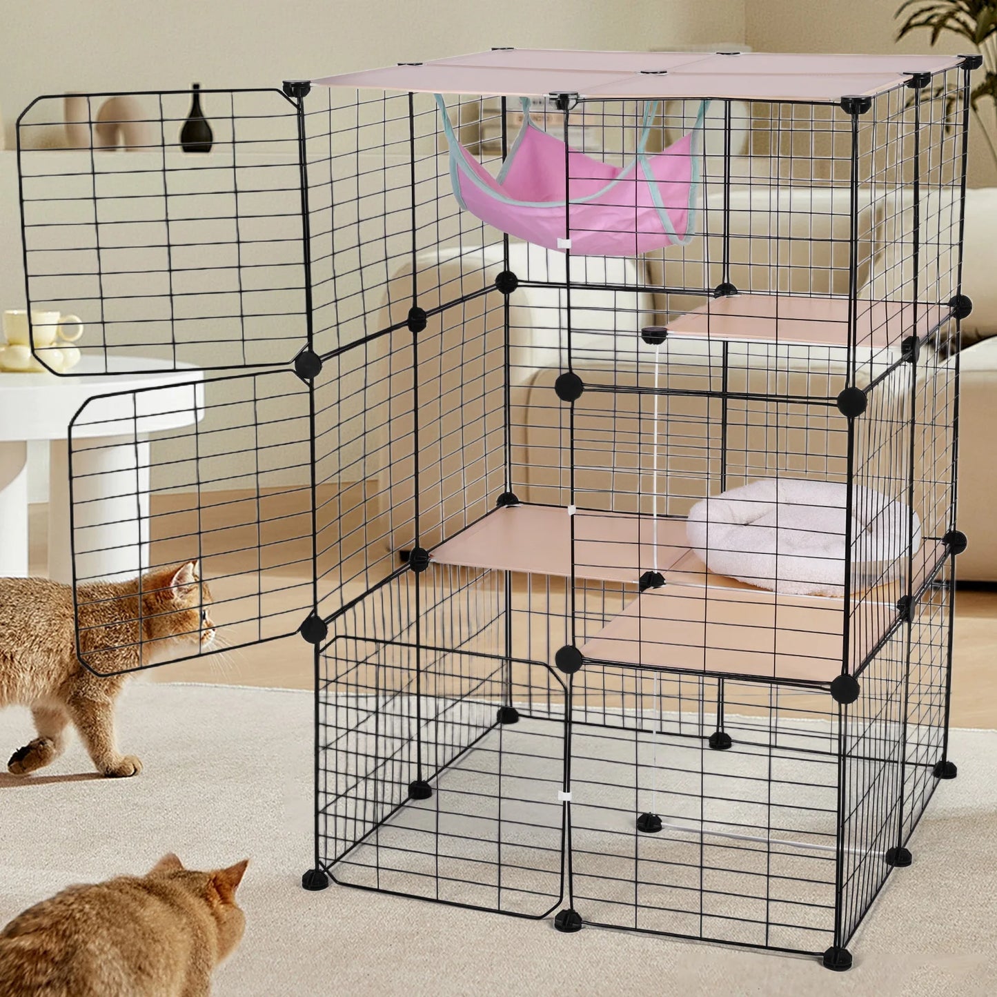 3-Tier Detachable Cat Cage W/ Hammock & Bed Cats Wire Kennel Crate Ideal Large Exercise Place Ideal for 1-3 Cats